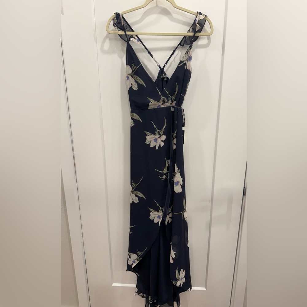 Lulus Navy Blue Floral Print High-Low Wrap Dress – Size Large New With Tags.